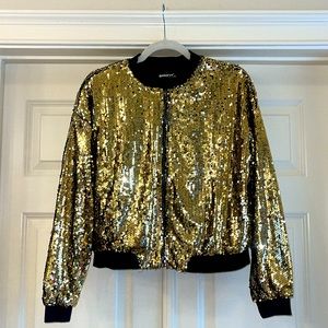 Allegra K gold sequin zippered medium bomber jacket